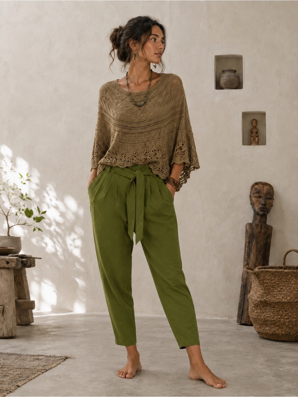 Exquise 100% Hemp Pleated Pants US 4 Green Tie Waist Tapered Boho
